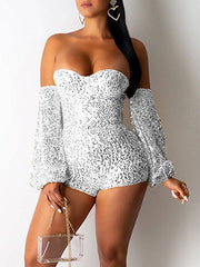 Strapless Long Sleeves Zipper Sequined Skinny One Piece Outfit Mssza
