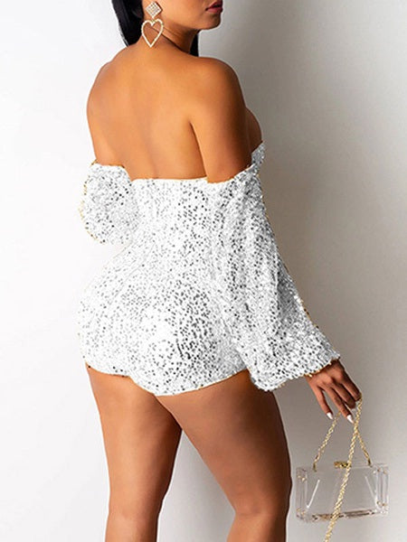 Strapless Long Sleeves Zipper Sequined Skinny One Piece Outfit Mssza
