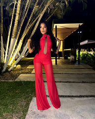 Strapless Mesh Florals Sleeveless Straight Long Nightclub Party Birthday Jumpsuit Mssza