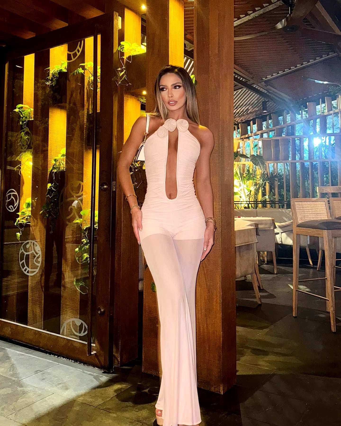Strapless Mesh Florals Sleeveless Straight Long Nightclub Party Birthday Jumpsuit Mssza