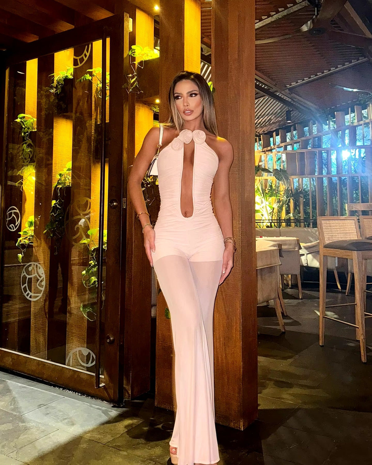 Strapless Mesh Florals Sleeveless Straight Long Nightclub Party Birthday Jumpsuit Mssza
