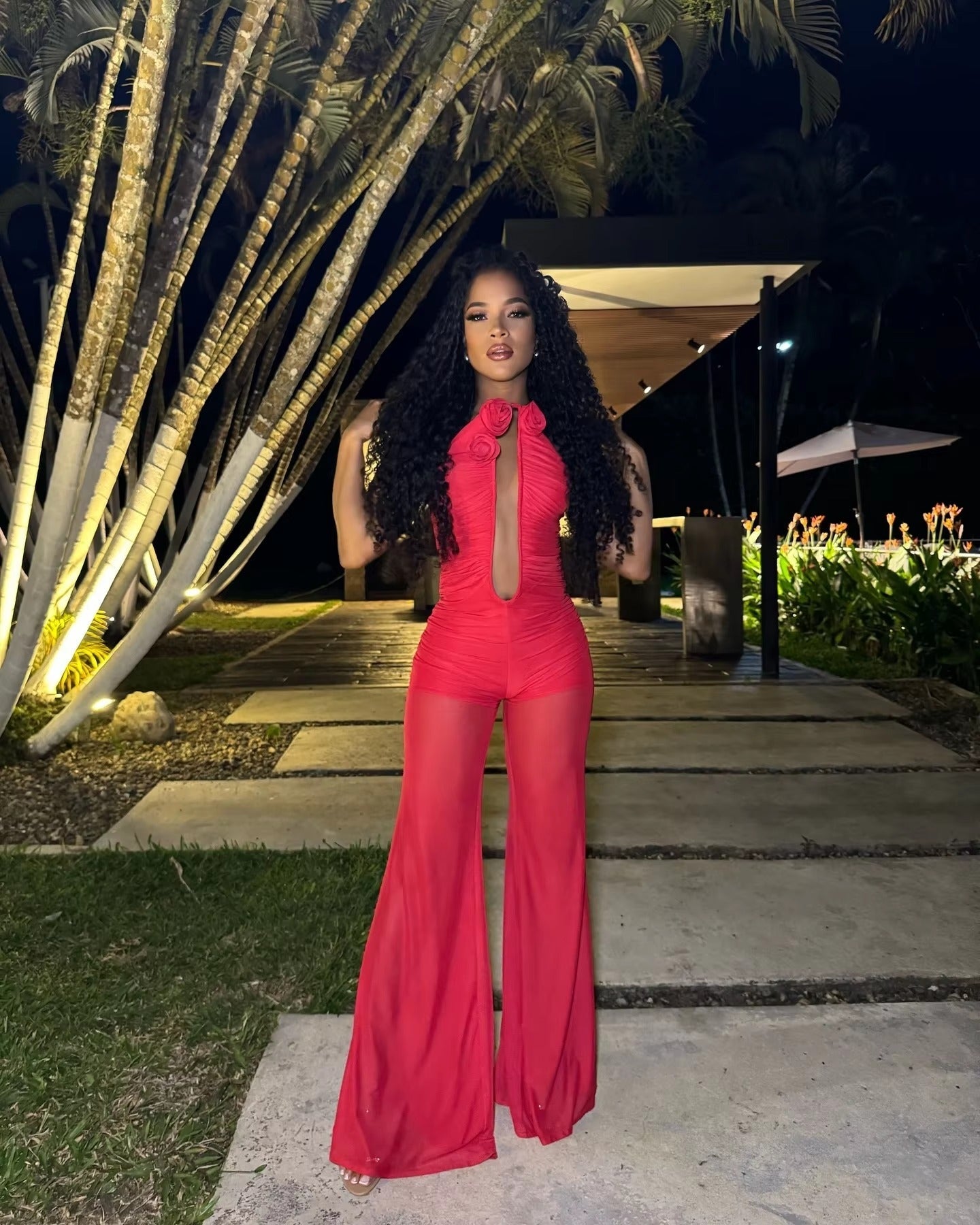 Strapless Mesh Florals Sleeveless Straight Long Nightclub Party Birthday Jumpsuit Mssza