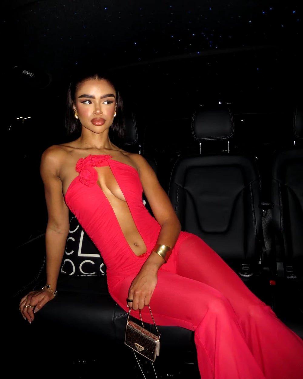 Strapless Mesh Florals Sleeveless Straight Long Nightclub Party Birthday Jumpsuit Mssza