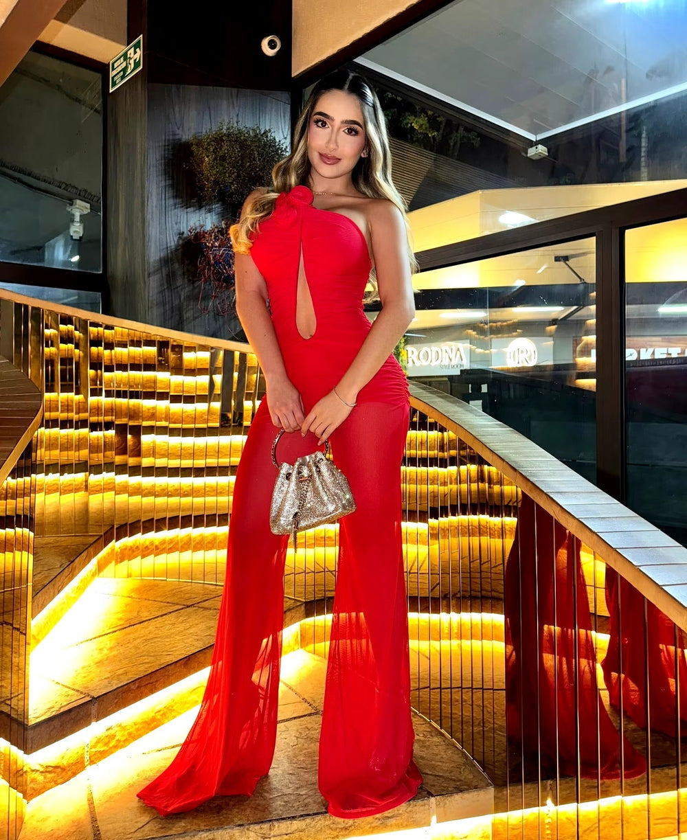 Strapless Mesh Florals Sleeveless Straight Long Nightclub Party Birthday Jumpsuit Mssza
