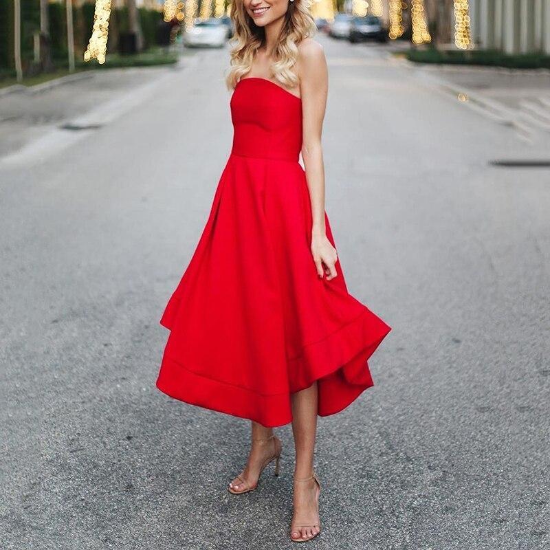 Strapless red a line midi dress off shoulder pleated dress Mssaz Desses