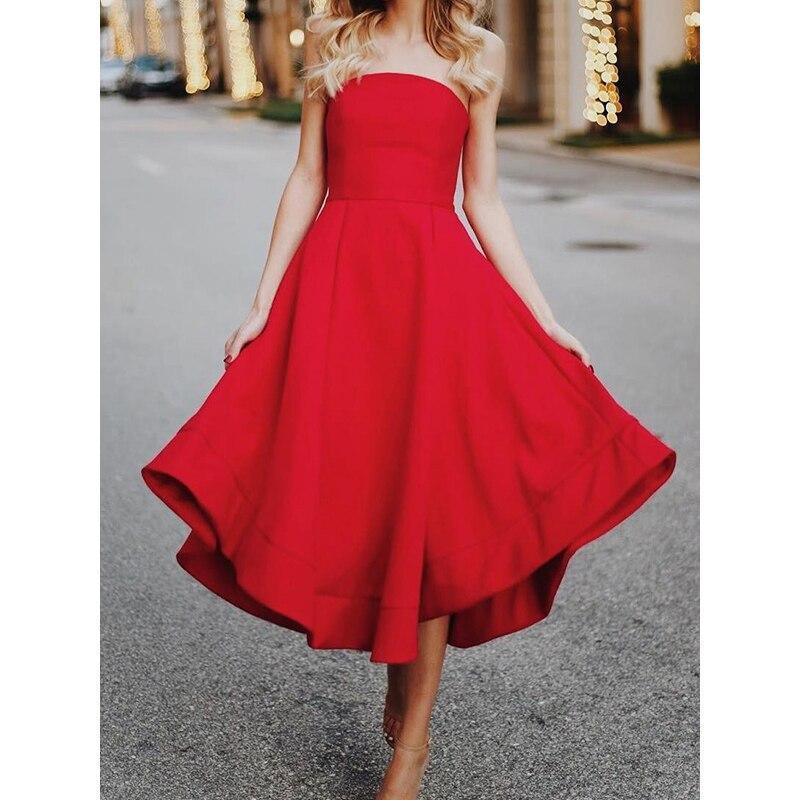 Strapless red a line midi dress off shoulder pleated dress Mssaz Desses