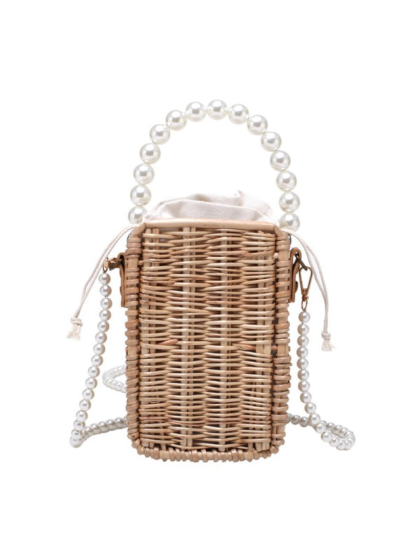 Straw Weave Faux-Pearl Handle Shoulder Bag Mssza