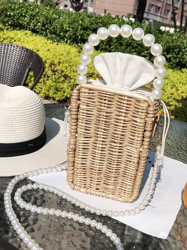 Straw Weave Faux-Pearl Handle Shoulder Bag Mssza