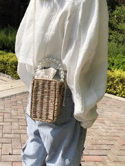 Straw Weave Faux-Pearl Handle Shoulder Bag Mssza