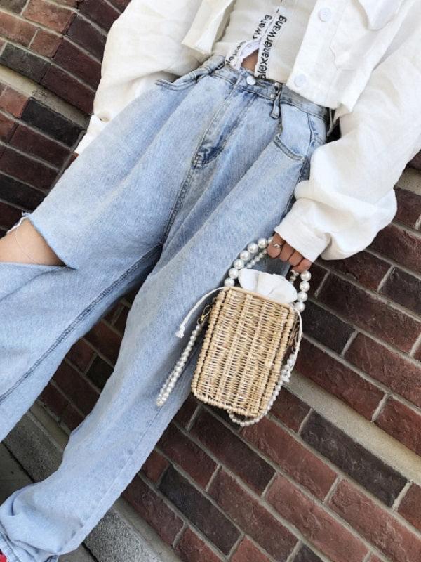 Straw Weave Faux-Pearl Handle Shoulder Bag Mssza