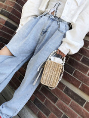 Straw Weave Faux-Pearl Handle Shoulder Bag Mssza