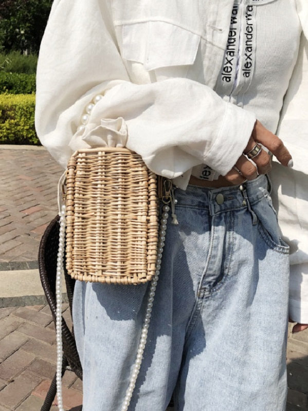 Straw Weave Faux-Pearl Handle Shoulder Bag Mssza