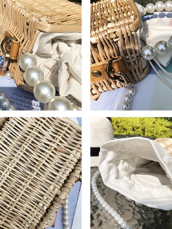 Straw Weave Faux-Pearl Handle Shoulder Bag Mssza