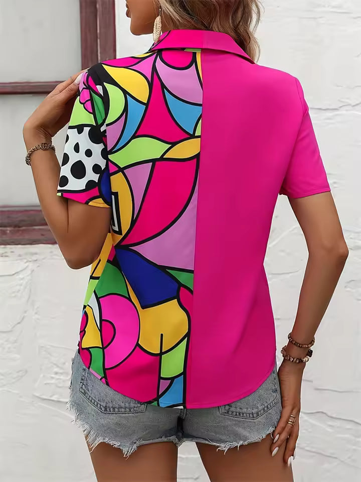 Casual Geometric Splicing Printed Ladies Short Sleeve Shirt Mssza
