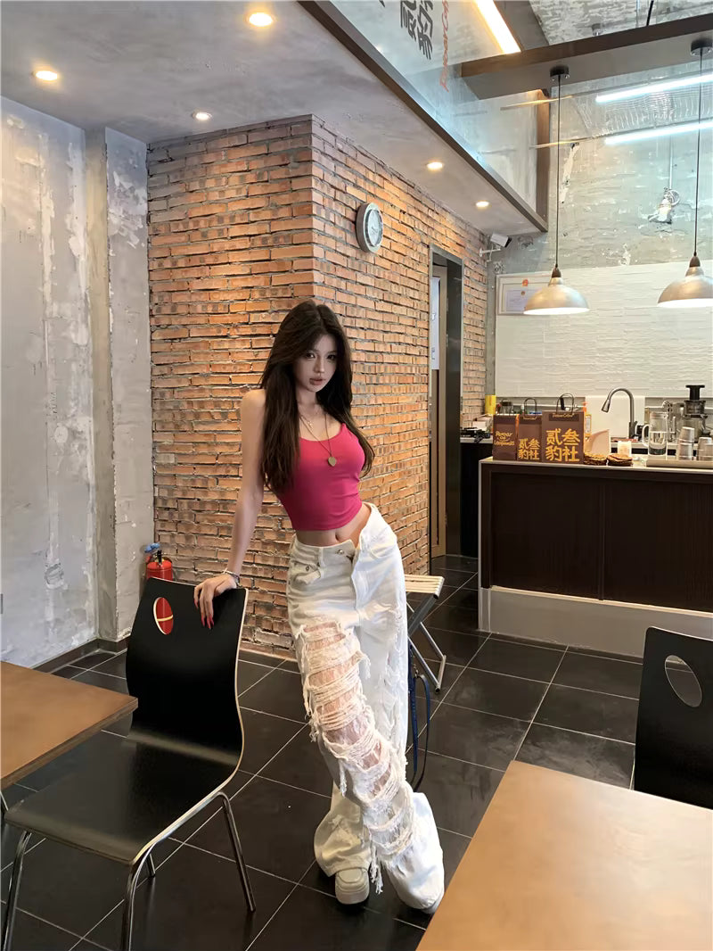 Streetwear High Waist Lace Splicing Wide-leg Ripped Straight-leg Pants Mssza