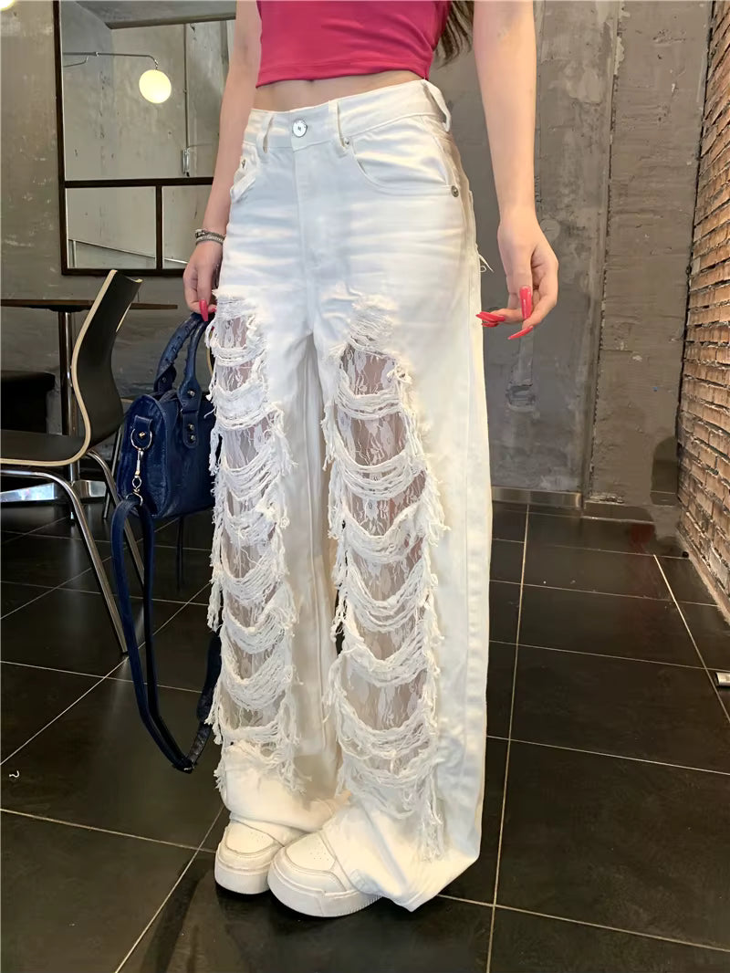 Streetwear High Waist Lace Splicing Wide-leg Ripped Straight-leg Pants Mssza