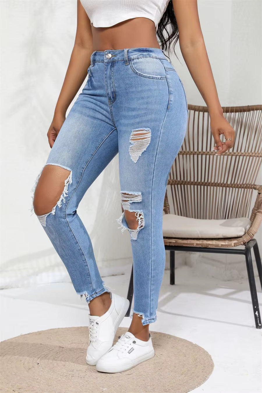 Streetwear Mid Waisted Ripped Hole Slim High Elastic Skinny Jeans Mssza