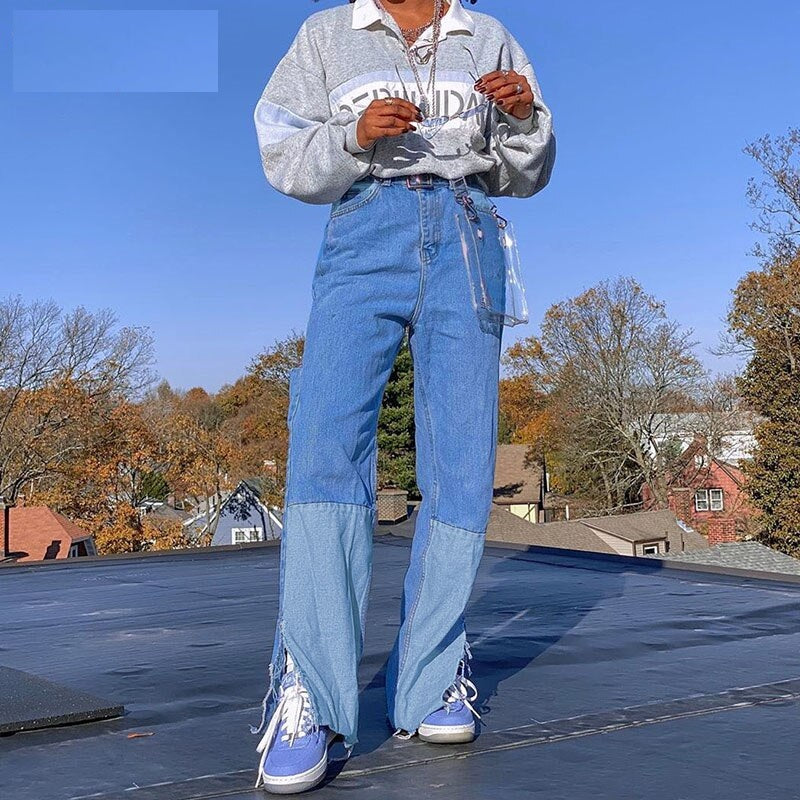 Streetwear Split Straight Leg Jeans Pockets Cargo Pants Mssza