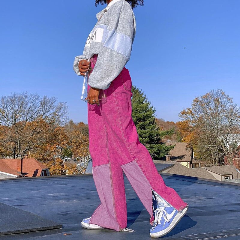 Streetwear Split Straight Leg Jeans Pockets Cargo Pants Mssza