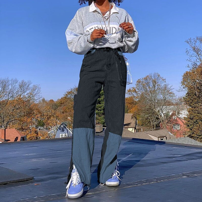 Streetwear Split Straight Leg Jeans Pockets Cargo Pants Mssza