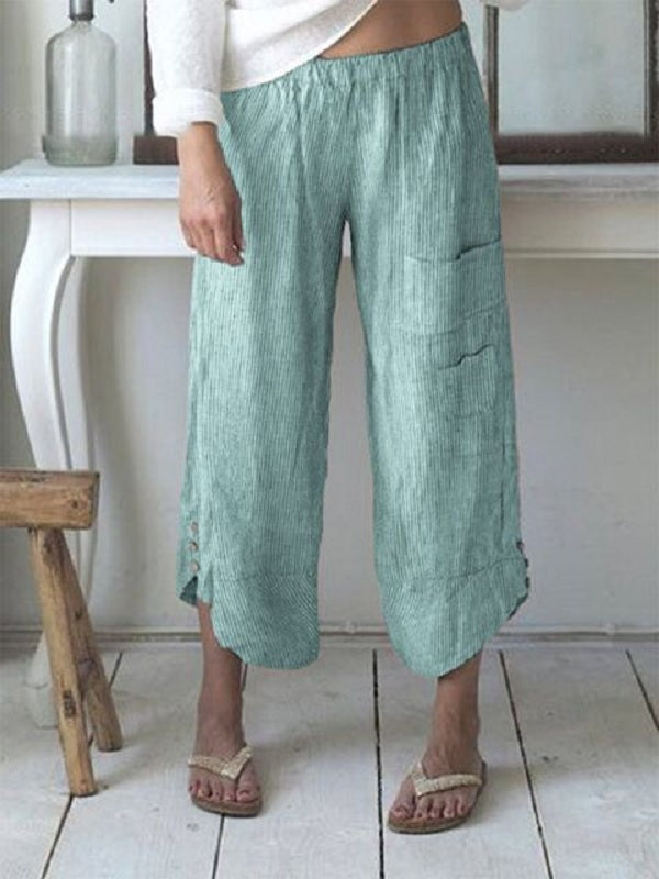 Stripe Elastic Waist Button Pocket Casual Pants Mssza