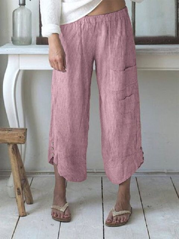 Stripe Elastic Waist Button Pocket Casual Pants Mssza