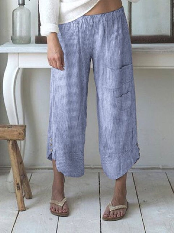 Stripe Elastic Waist Button Pocket Casual Pants Mssza