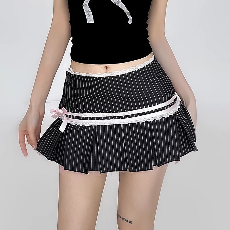 Stripe Print Pleated Aesthetic Lace Patchwork Style Streetwear Cute Sweet Skirt Mssza