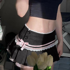 Stripe Print Pleated Aesthetic Lace Patchwork Style Streetwear Cute Sweet Skirt Mssza