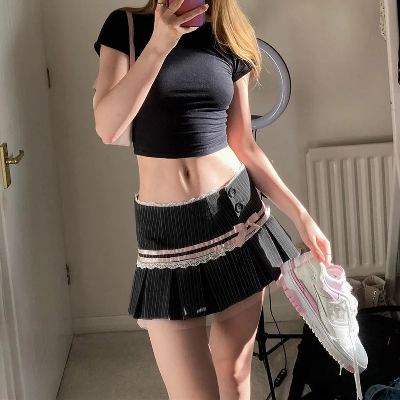 Stripe Print Pleated Aesthetic Lace Patchwork Style Streetwear Cute Sweet Skirt Mssza