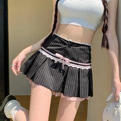 Stripe Print Pleated Aesthetic Lace Patchwork Style Streetwear Cute Sweet Skirt Mssza