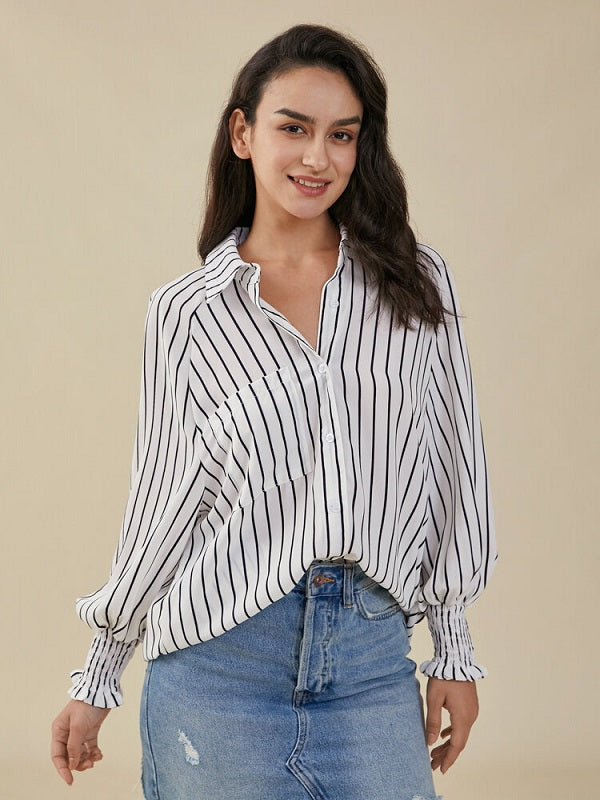 Stripe Print Pocket Loose Lapel Button Down Shirt Mssza