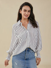 Stripe Print Pocket Loose Lapel Button Down Shirt Mssza