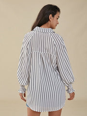Stripe Print Pocket Loose Lapel Button Down Shirt Mssza