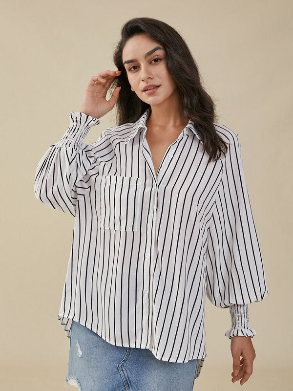 Stripe Print Pocket Loose Lapel Button Down Shirt Mssza