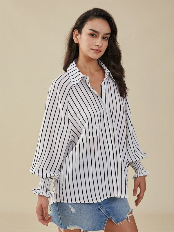 Stripe Print Pocket Loose Lapel Button Down Shirt Mssza