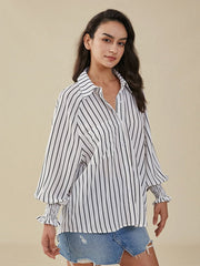 Stripe Print Pocket Loose Lapel Button Down Shirt Mssza