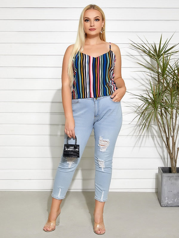 Striped Backless Design Spaghetti Strap Sleeveless Cami Mssza