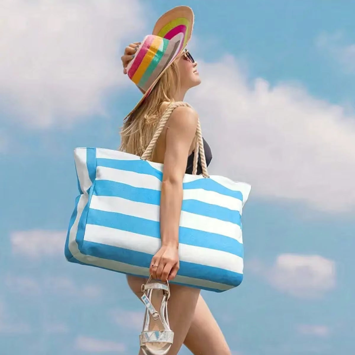 Striped Canvas Large Capacity Shopping Beach Tote Bag Mssza