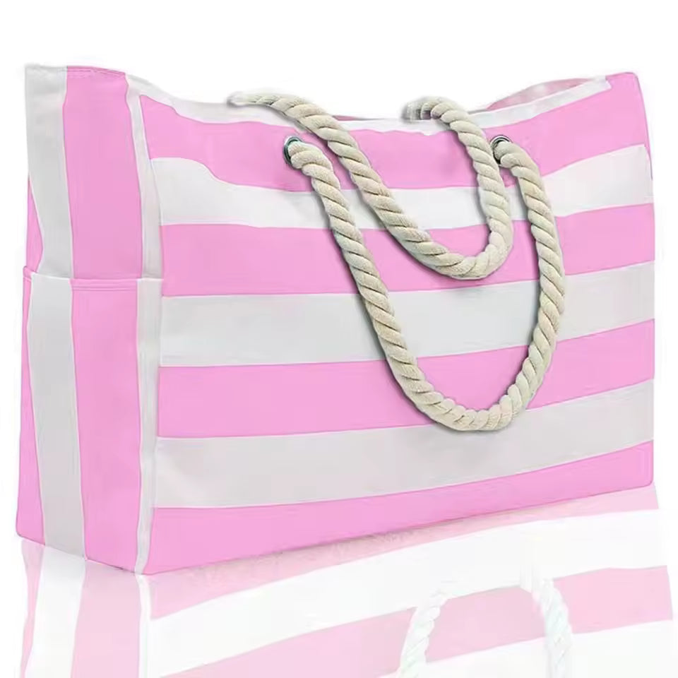 Striped Canvas Large Capacity Shopping Beach Tote Bag Mssza