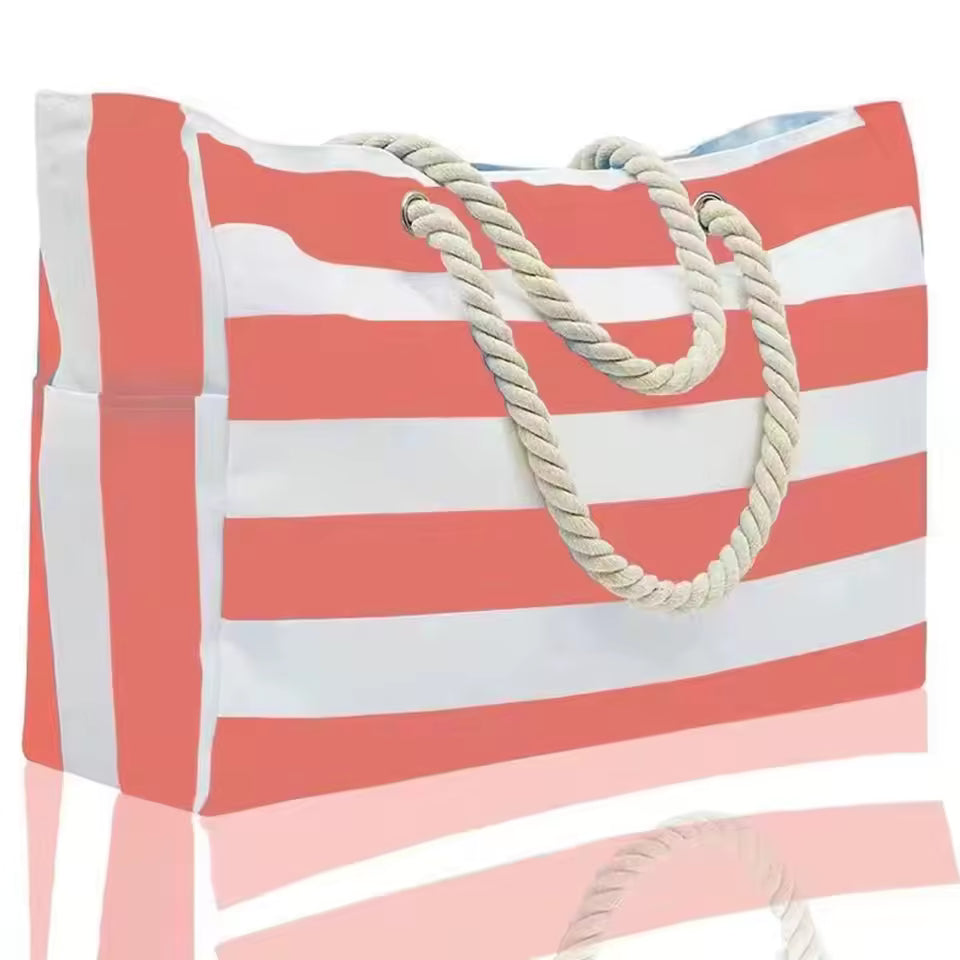 Striped Canvas Large Capacity Shopping Beach Tote Bag Mssza