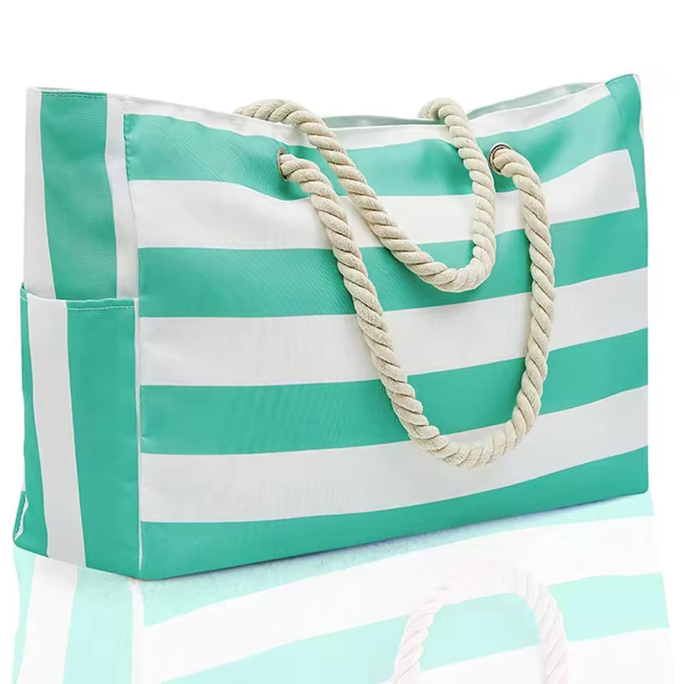 Striped Canvas Large Capacity Shopping Beach Tote Bag Mssza