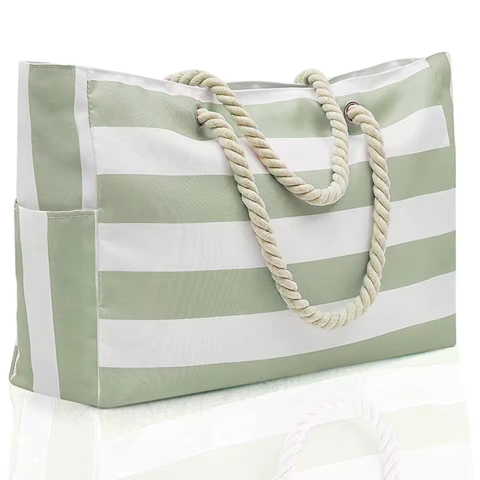 Striped Canvas Large Capacity Shopping Beach Tote Bag Mssza