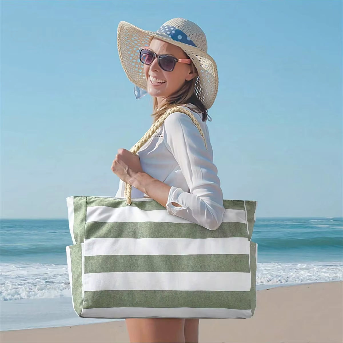 Striped Canvas Large Capacity Shopping Beach Tote Bag Mssza