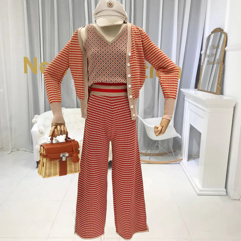 Striped Cardigan Suspender Vest Broad-legged Pants Mssza