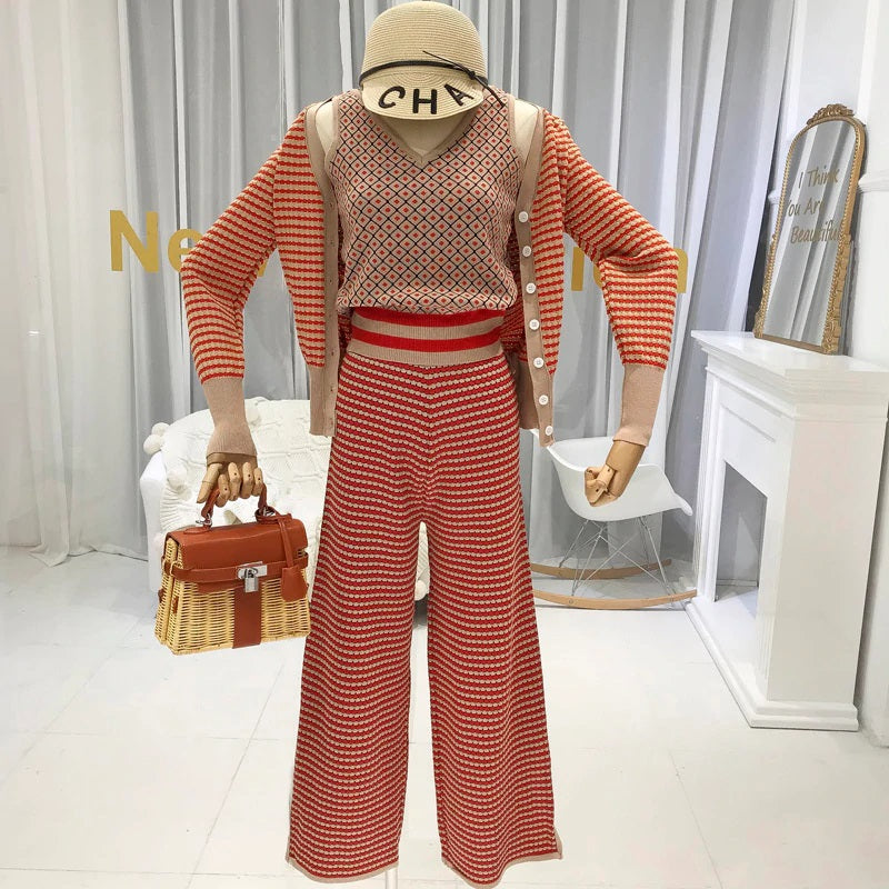 Striped Cardigan Suspender Vest Broad-legged Pants Mssza