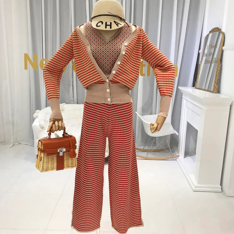 Striped Cardigan Suspender Vest Broad-legged Pants Mssza