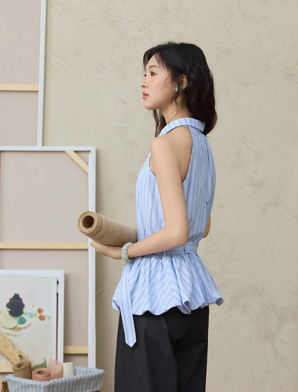 Striped Hanging Neck Sleeveless Turn-down Collar Button Top With Belt Mssza