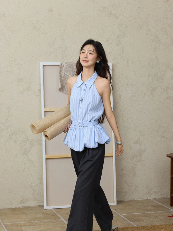 Striped Hanging Neck Sleeveless Turn-down Collar Button Top With Belt Mssza