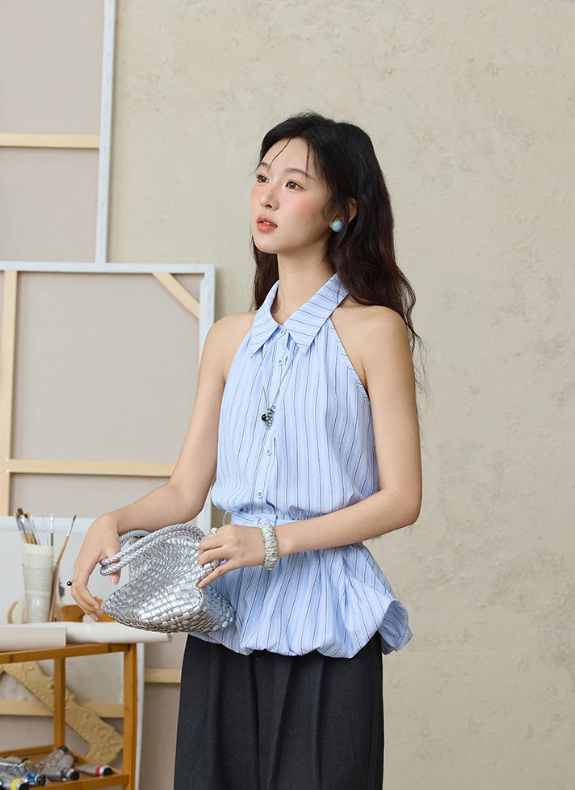 Striped Hanging Neck Sleeveless Turn-down Collar Button Top With Belt Mssza